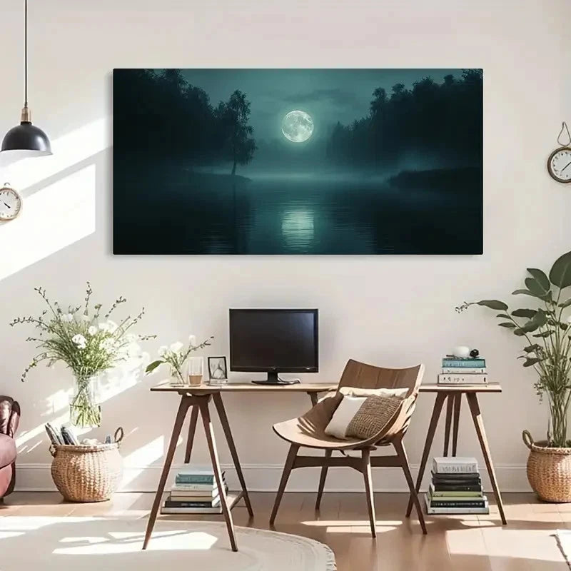 Serene Moonlit Trees Foggy Wall Art Canvas Office Home Room Framed 120x60cm - Bella Home Decor