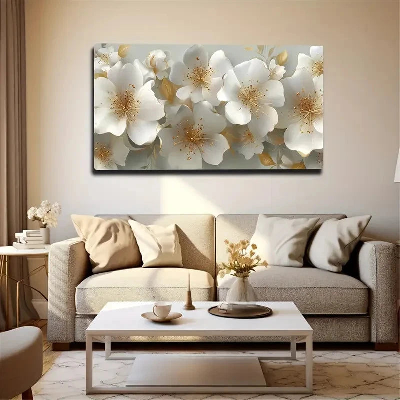 Beige & Golden Flower Painting Wall Art Canvas Office Home Room Framed 120x60cm