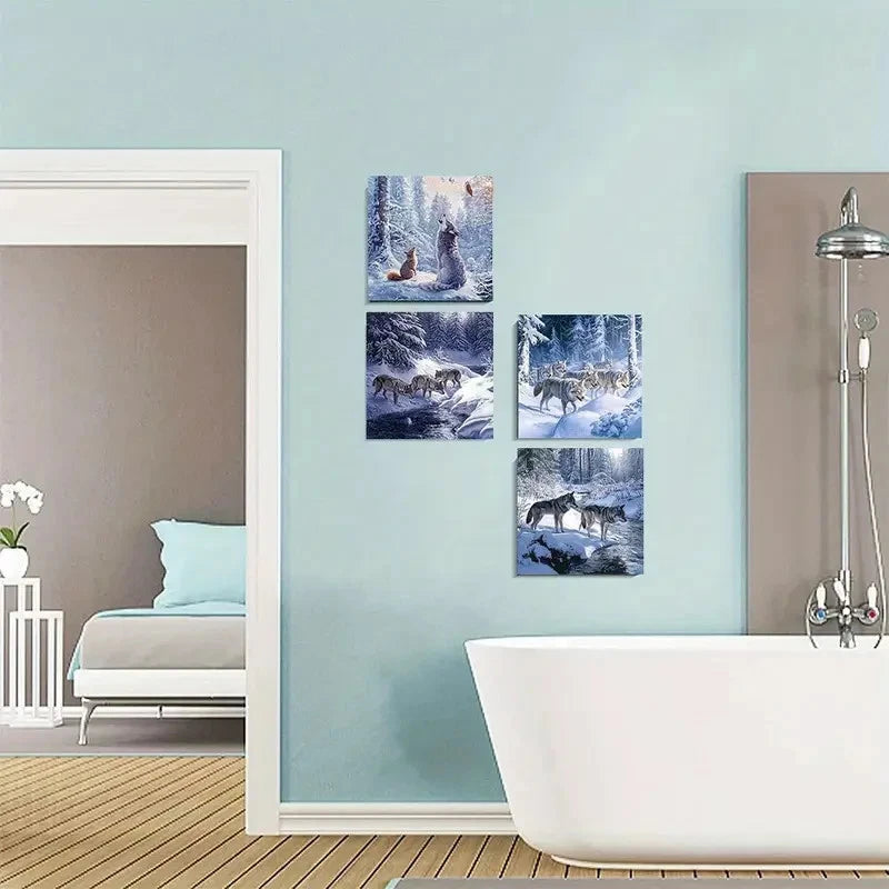 4pcs Snowy Forest Landscapes With Howling Wolves Wall Art Canvas Framed