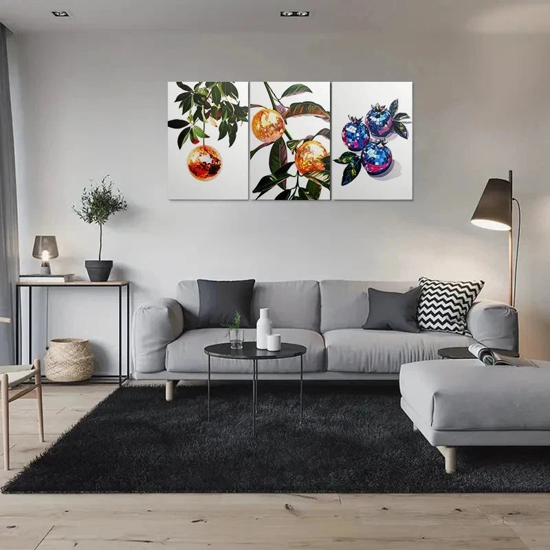 3pcs Abstract Modern Disco Ball Fruit Metal Print Ready to Hang Art - Bella Home Decor