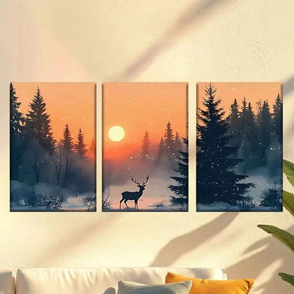 3pcs Enchanted Forest Scene with Deer and Sunset Wall Art Set Canvas Framed 60x90cm - High Quality Print 100% Australian Made Wall Canvas Ready to Hang
