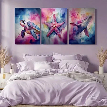 3pcs Whale Turtle & Starfish Marine Life  Art Set Canvas Unframed - High Quality Print 100% Australian Made Wall Canvas