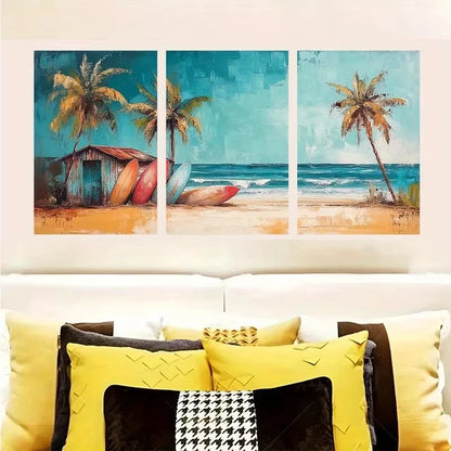 3pcs Surfboards Resting Against Shack Wall Art Set Canvas Framed 50x70cm - High Quality Print 100% Australian Made Wall Canvas Ready to Hang