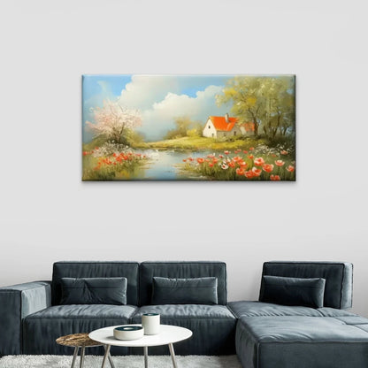 House Flowers Field Lake Wall Art Canvas Office Home Room Framed 120x60cm