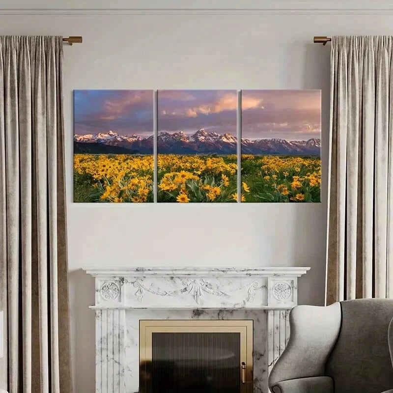 3pcs Flower Fields Mountains Sunset Modern Wall Art Set Canvas Framed 40x60cm - High Quality Print 100% Australian Made Wall Canvas Ready to Hang - Bella Home Decor