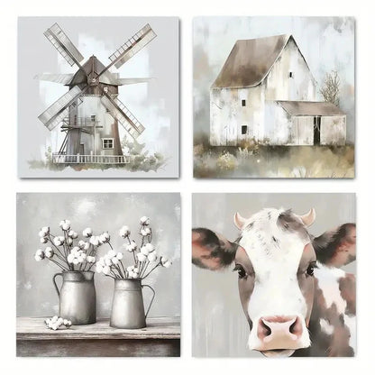4pcs Farmhouse Windmill Tin Kettle Cow Wall Art Canvas Framed