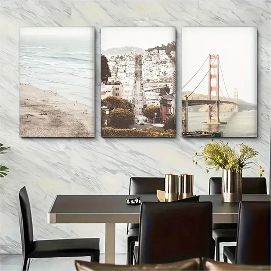 3pcs Francisco Bridge Modern Minimalist Style Metal Print Ready to Hang Art