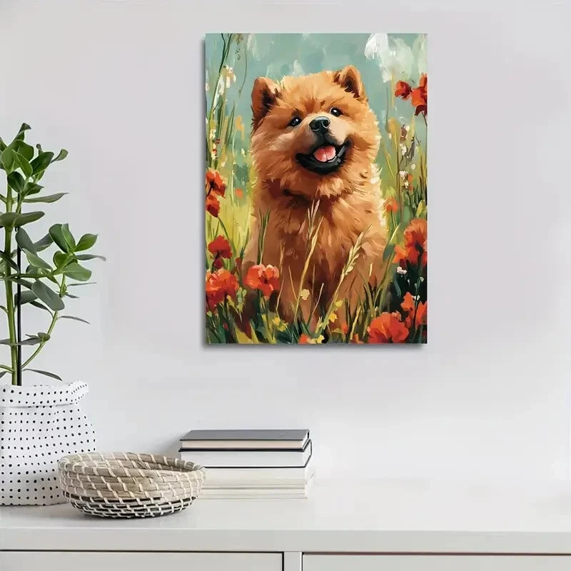 Flowers And Plants Cute Chow Chow Dog Painting 40x60cm Metal Print Ready to Hang - Bella Home Decor
