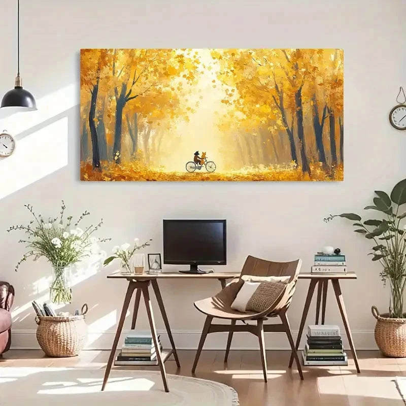 Bicycle Ride Autumn Scenery Wall Art Canvas Office Home Room Framed 120x60cm