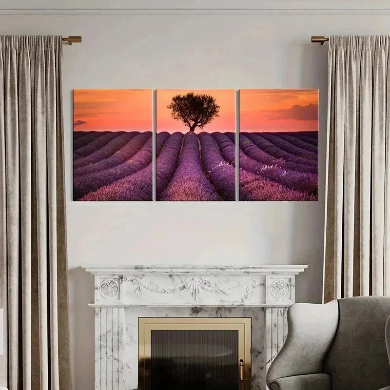 3pcs Vibrant Lavender Field with Sunset Wall Art Set Canvas Framed 40x60cm - High Quality Print 100% Australian Made Wall Canvas Ready to Hang - Bella Home Decor