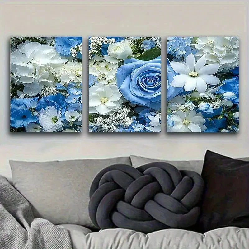 3pcs Blue and White Floral ArranSynthetic Wall Art Set Canvas Framed 40x60cm - High Quality Print 100% Australian Made Wall Canvas Ready to Hang - Bella Home Decor