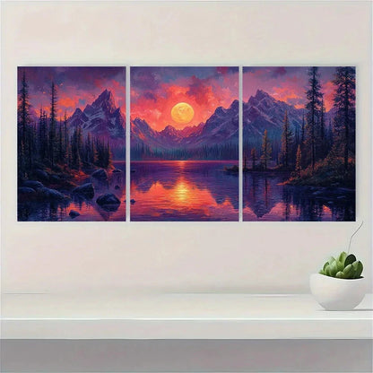 3pcs Surrealist Mountain Vibrant Purple Metal Print Ready to Hang Art - Bella Home Decor