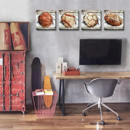 4pcs Baseball, Soccer & Football Wall Art Canvas Framed
