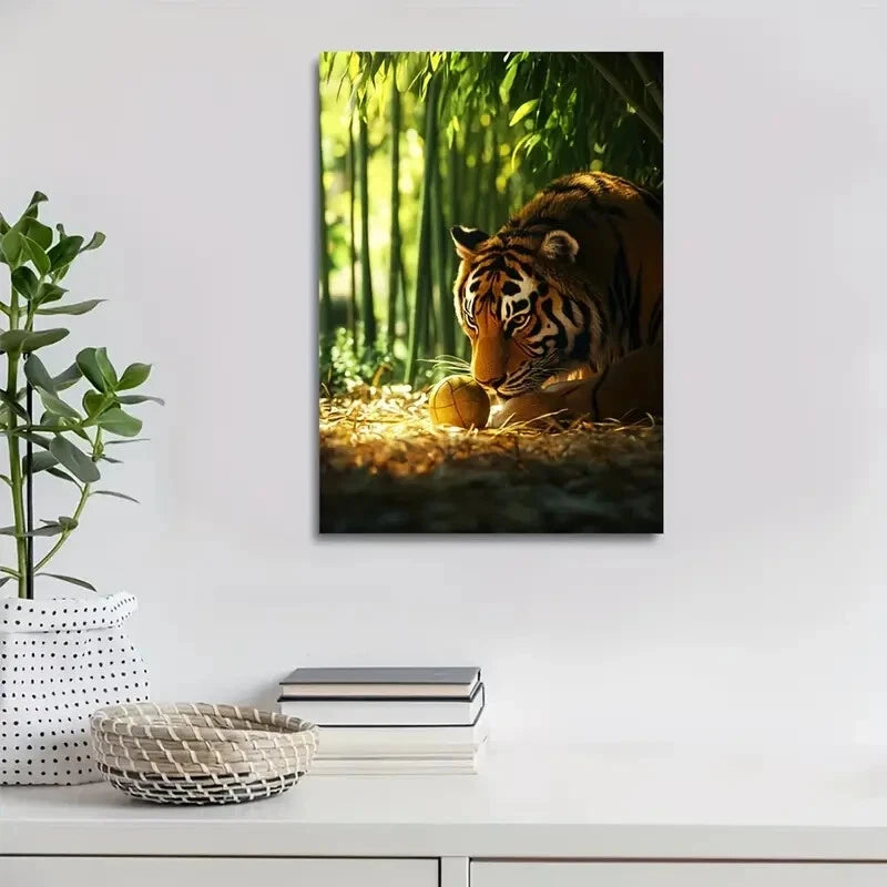 Photorealistic Tiger Playing with Ball Painting 40x60cm Metal Print Ready to Hang - Bella Home Decor