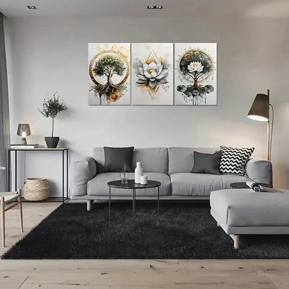 3pcs Golden & Earthy Tone Roots & Floral Elements Metal Print Ready to Hang Art - Bella Home Decor