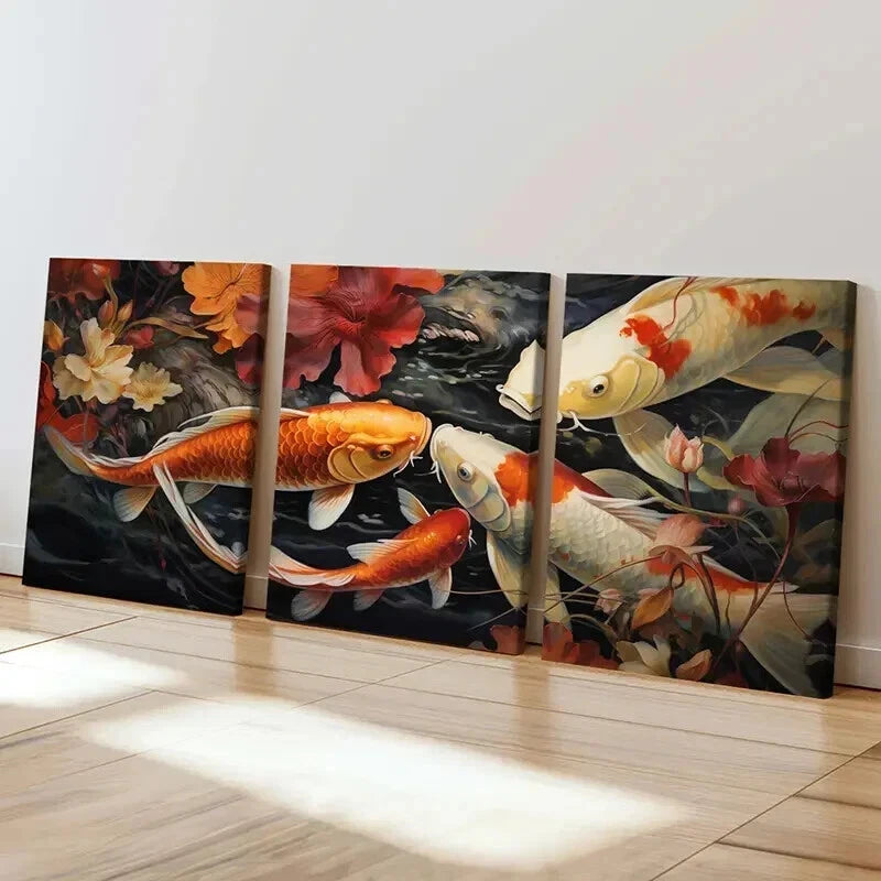 3pcs Japanese Style Koi Fish & Flowers Wall Art Set Canvas Framed 50x70cm - High Quality Print 100% Australian Made Wall Canvas Ready to Hang - Bella Home Decor