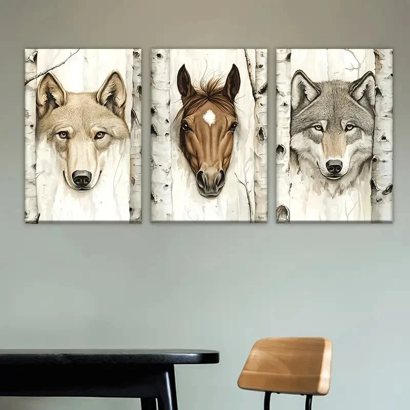 3pcs three wolves in birch trees Wall Art Set Canvas Framed 60x90cm - High Quality Print 100% Australian Made Wall Canvas Ready to Hang - Bella Home Decor