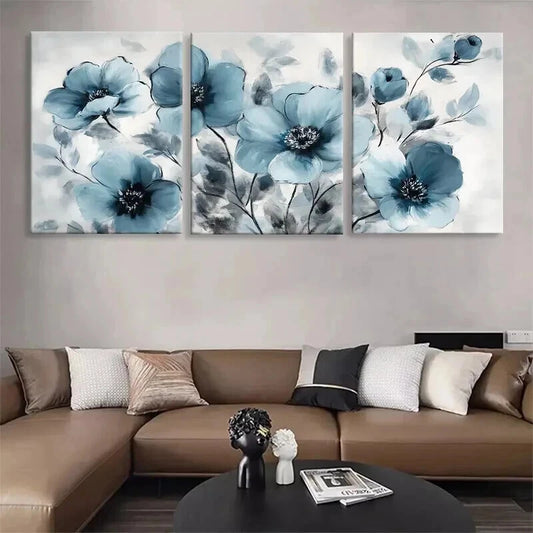 3pcs Elegant Blue Floral Blooming Flower Perfect Wall Art Set Canvas Framed 60x90cm - High Quality Print 100% Australian Made Wall Canvas Ready to Hang