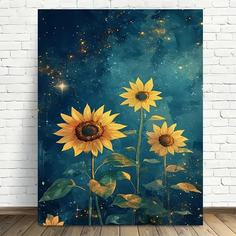 Beautiful Starry Night Sunflowers Painting 40x60cm Metal Print Ready to Hang