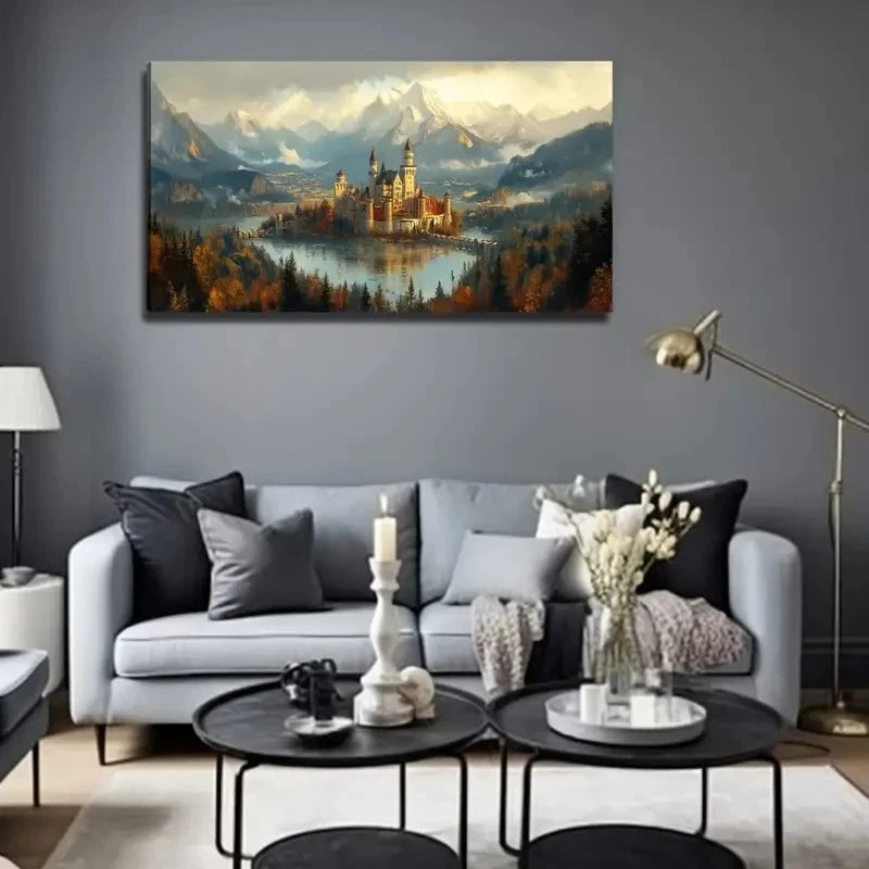 Castle In The Lake Suitable Wall Art Canvas Office Home Room Framed 120x60cm