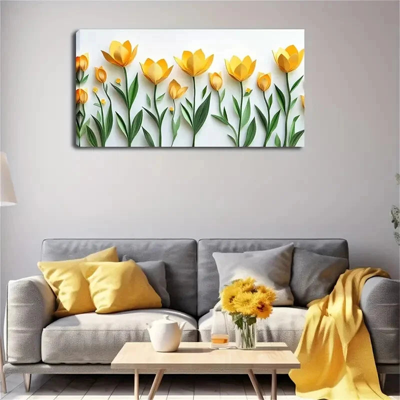 Minimalist Yellow Tulip Décor Wall Art Canvas Office Home Room Framed 120x60cm - Bella Home Decor