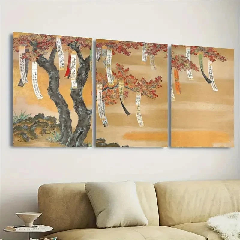 3pcs Japanese Autumn Maple Poem Slips Wall Art Set Canvas Framed 40x60cm - High Quality Print 100% Australian Made Wall Canvas Ready to Hang