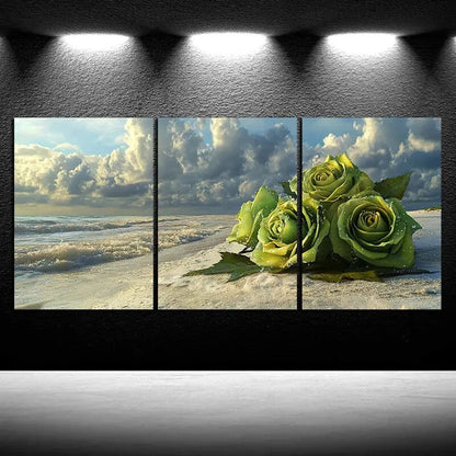 3pcs Green Roses on The Beach Metal Print Ready to Hang Art - Bella Home Decor