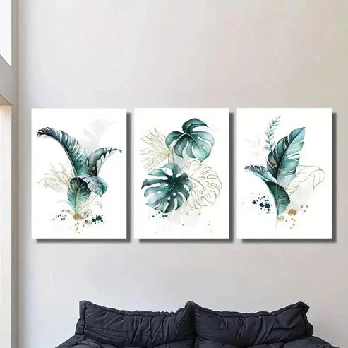 3pcs Golden Lines and Cyan Tropical Plants Wall Art Set Canvas Unframed - High Quality Print 100% Australian Made Wall Canvas - Bella Home Decor