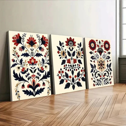3pcs Red Flowers Nordic Style Scandian Folk Art Wall Art Set Canvas Unframed - High Quality Print 100% Australian Made Wall Canvas
