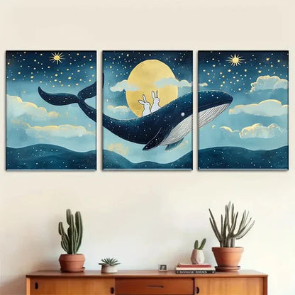 3pcs Rabbits Riding a Majestic Whale Perfect Wall Art Set Canvas Unframed - High Quality Print 100% Australian Made Wall Canvas