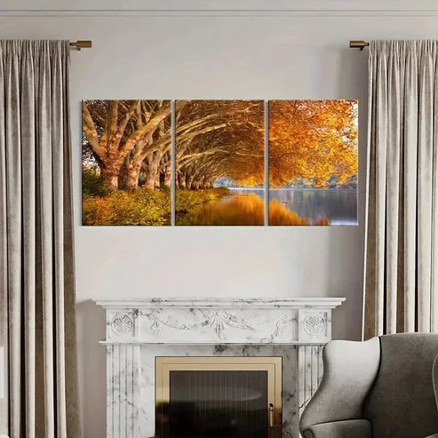 3pcs Featuring a Golden Tree by The Lakeside Wall Art Canvas Unframed - High Quality Print 100% Australian Made Wall Canvas