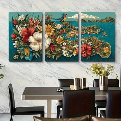 3pcs Vibrant Tropical Caribbean Floral Perfect Wall Art Set Canvas Framed 50x70cm - High Quality Print 100% Australian Made Wall Canvas Ready to Hang