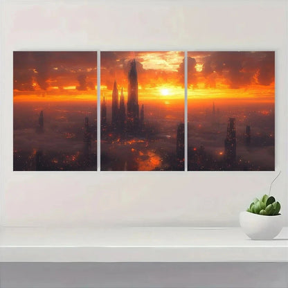 3pcs Dystopian Metropolis Sunset Metal Print Ready to Hang Art - Bella Home Decor