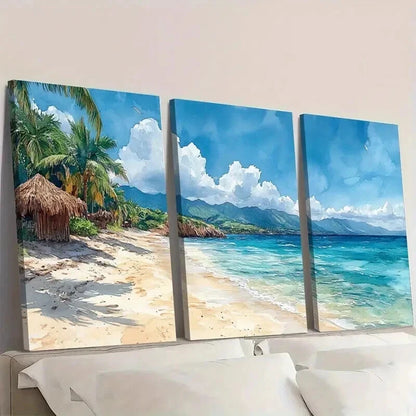 3pcs Serranilla Island Beach Huts & Ocean Views Wall Art Set Canvas Framed 60x90cm - High Quality Print 100% Australian Made Wall Canvas Ready to Hang - Bella Home Decor