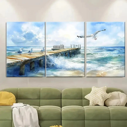 3pcs Beach Pier Ocean Seagull Waves Scene Wall Art Set Canvas Framed 50x70cm - High Quality Print 100% Australian Made Wall Canvas Ready to Hang - Bella Home Decor