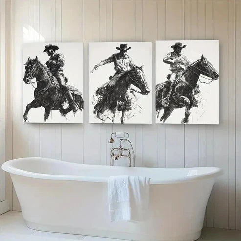 3pcs Dynamic Cowboy on Horse Dark Shadow Perfect Wall Art Set Canvas Unframed - High Quality Print 100% Australian Made Wall Canvas