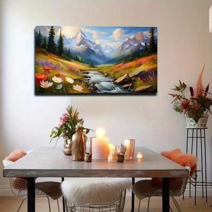 Vibrant Mountain & Stream Wall Art Canvas Office Home Room Framed 120x60cm