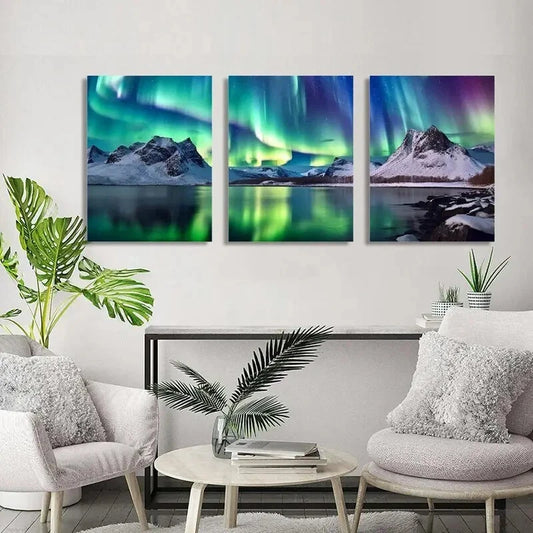 3pcs Aurora Borealis Mountains Lake Wall Art Set Canvas Framed 50x70cm - High Quality Print 100% Australian Made Wall Canvas Ready to Hang