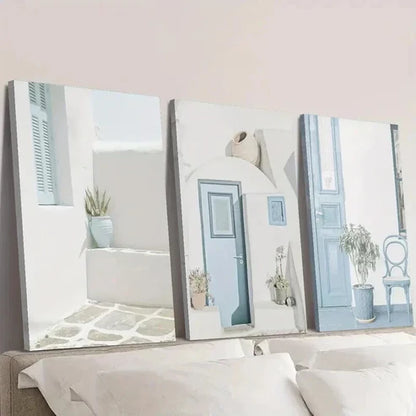 3pcs Blue Doors Porches White Walls & Potted Wall Art Canvas Unframed - High Quality Print 100% Australian Made Wall Canvas - Bella Home Decor
