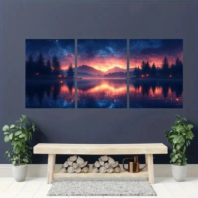 3pcs Pine Trees & Mountain Night Sky Landscape Metal Print Ready to Hang Art - Bella Home Decor