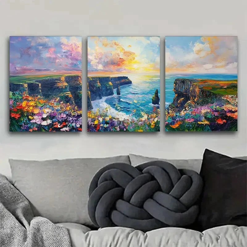 3pcs Cliffs by Sea with Colorful Flower Perfect Wall Art Set Canvas Framed 60x90cm - High Quality Print 100% Australian Made Wall Canvas Ready to Hang - Bella Home Decor