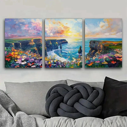 3pcs Cliffs by Sea with Colorful Flower Perfect Wall Art Set Canvas Framed 60x90cm - High Quality Print 100% Australian Made Wall Canvas Ready to Hang - Bella Home Decor