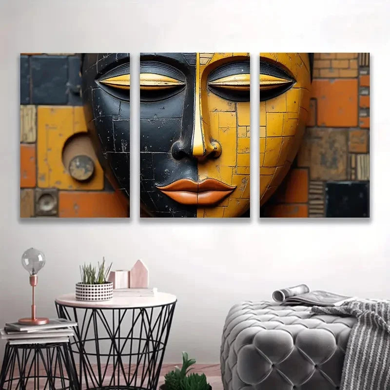 3pcs Black & Yellow Mask Design Deco Style  Wall Art Set Canvas Framed 50x70cm - High Quality Print 100% Australian Made Wall Canvas Ready to Hang - Bella Home Decor