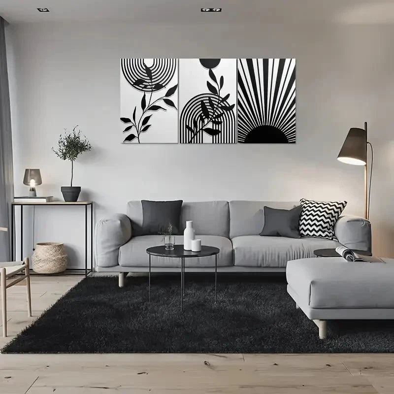 3pcs Black and White Geometric Leaves & Sunburst Metal Print Ready to Hang Art - Bella Home Decor