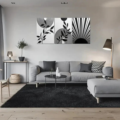3pcs Black and White Geometric Leaves & Sunburst Metal Print Ready to Hang Art - Bella Home Decor