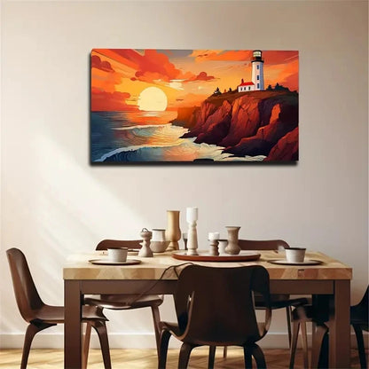 Sunset And Lighthouse Space Wall Art Canvas Office Home Room Framed 120x60cm
