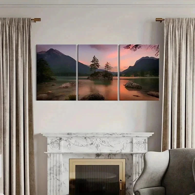 3pcs Lake Trees Rocks and Mountains Landscape Wall Art Set Canvas Framed 60x90cm - High Quality Print 100% Australian Made Wall Canvas Ready to Hang