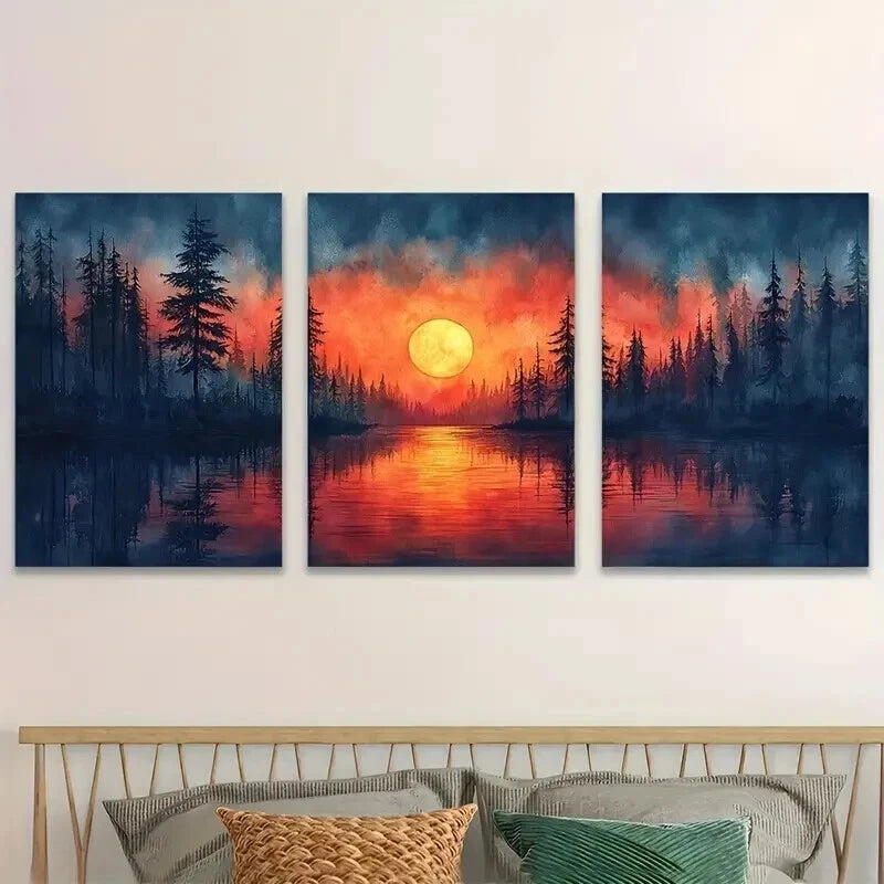 3pcs Vibrant Sunset Lake Sunset Décor Perfect Wall Art Set Canvas Framed 50x70cm - High Quality Print 100% Australian Made Wall Canvas Ready to Hang - Bella Home Decor