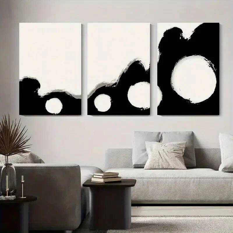 3pcs Black and White Abstract Geometric Circle Metal Print Ready to Hang Art - Bella Home Decor