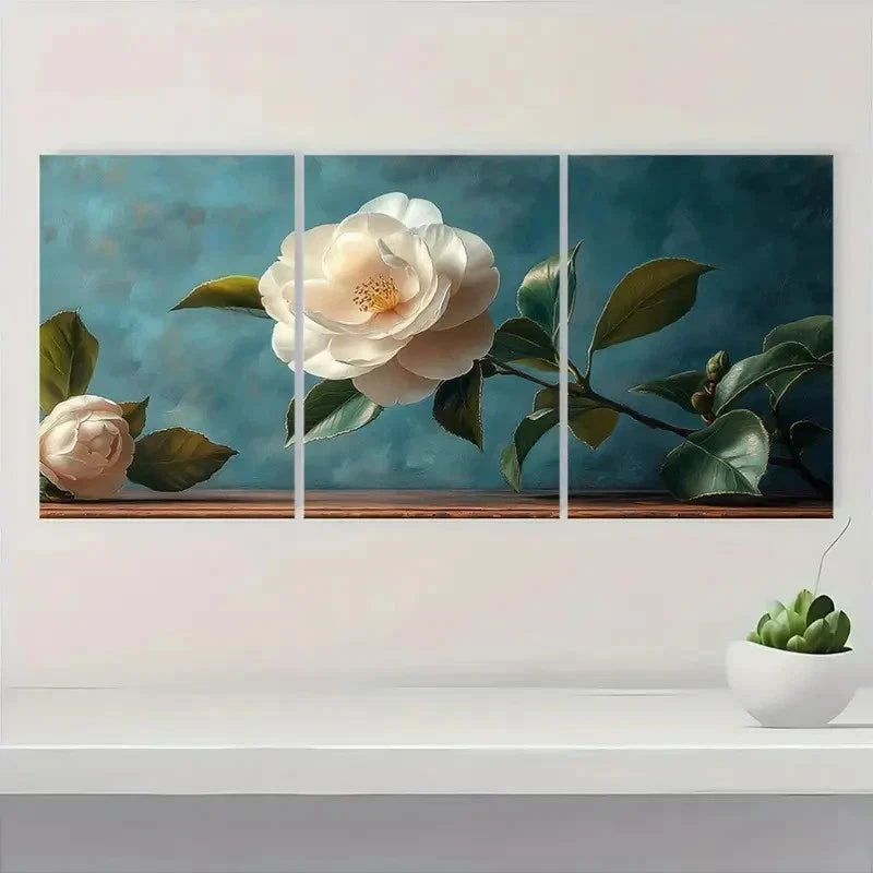3pcs Vintage Camellia Oil Painting Ar   Wall Art Set Canvas Framed 50x70cm - High Quality Print 100% Australian Made Wall Canvas Ready to Hang